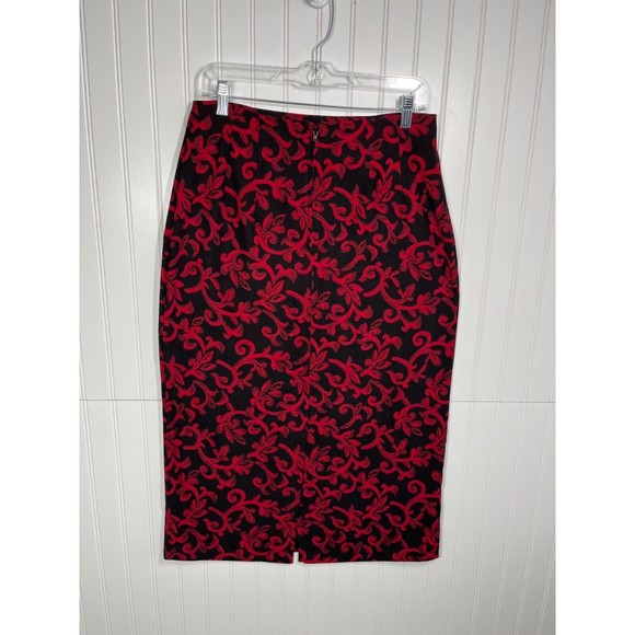 Briggs New York Dark Red Black Print Maxi Skirt Slit in the Back Size 12 Petite - Picture 5 of 13